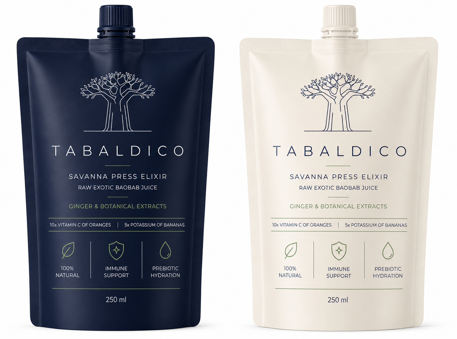 Tabaldico Savanna Press Elixir — dark navy and cream variants, 250ml juice pouches